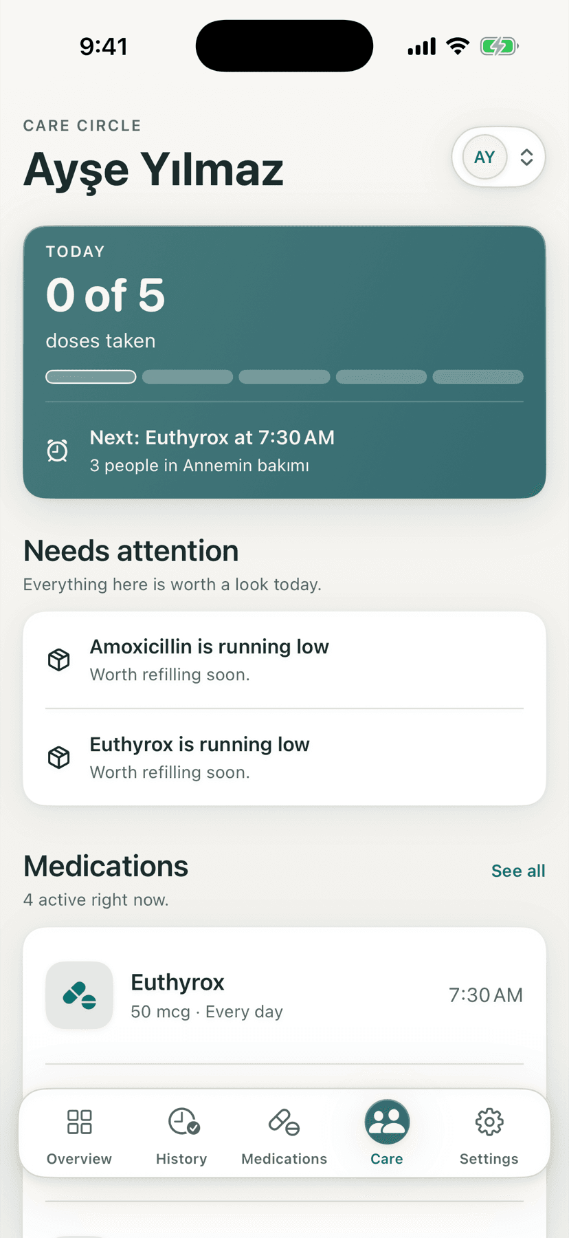 DoseOwl Care tab showing a Care Recipient, stock attention and medication information shared with a Care Circle