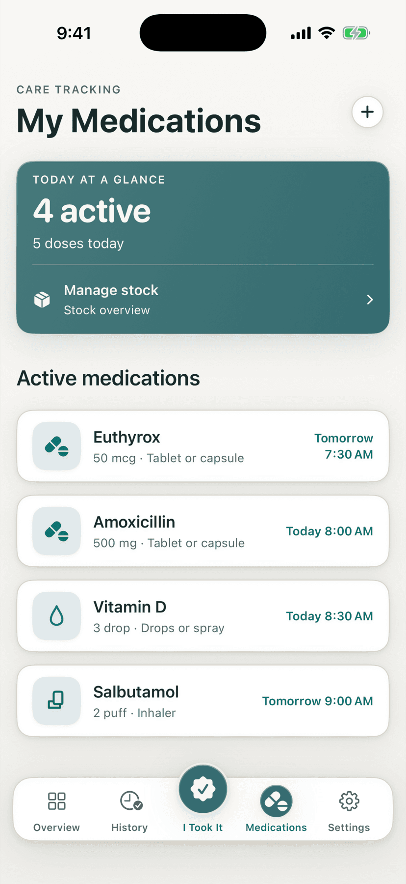 DoseOwl medication list with stock management entry point