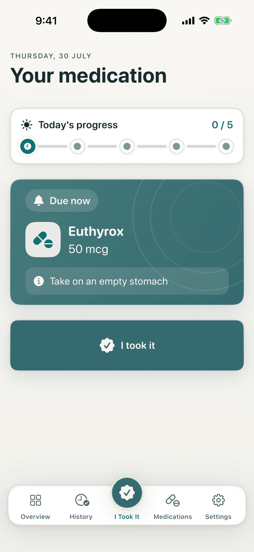 DoseOwl Care Recipient screen showing a medication due now and the I took it action